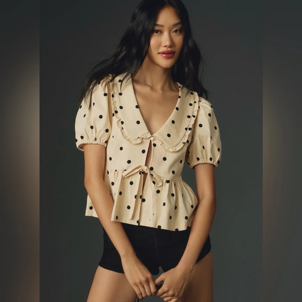 Anthropologie Beige Polka Dot Ruffle Collar Blouse
